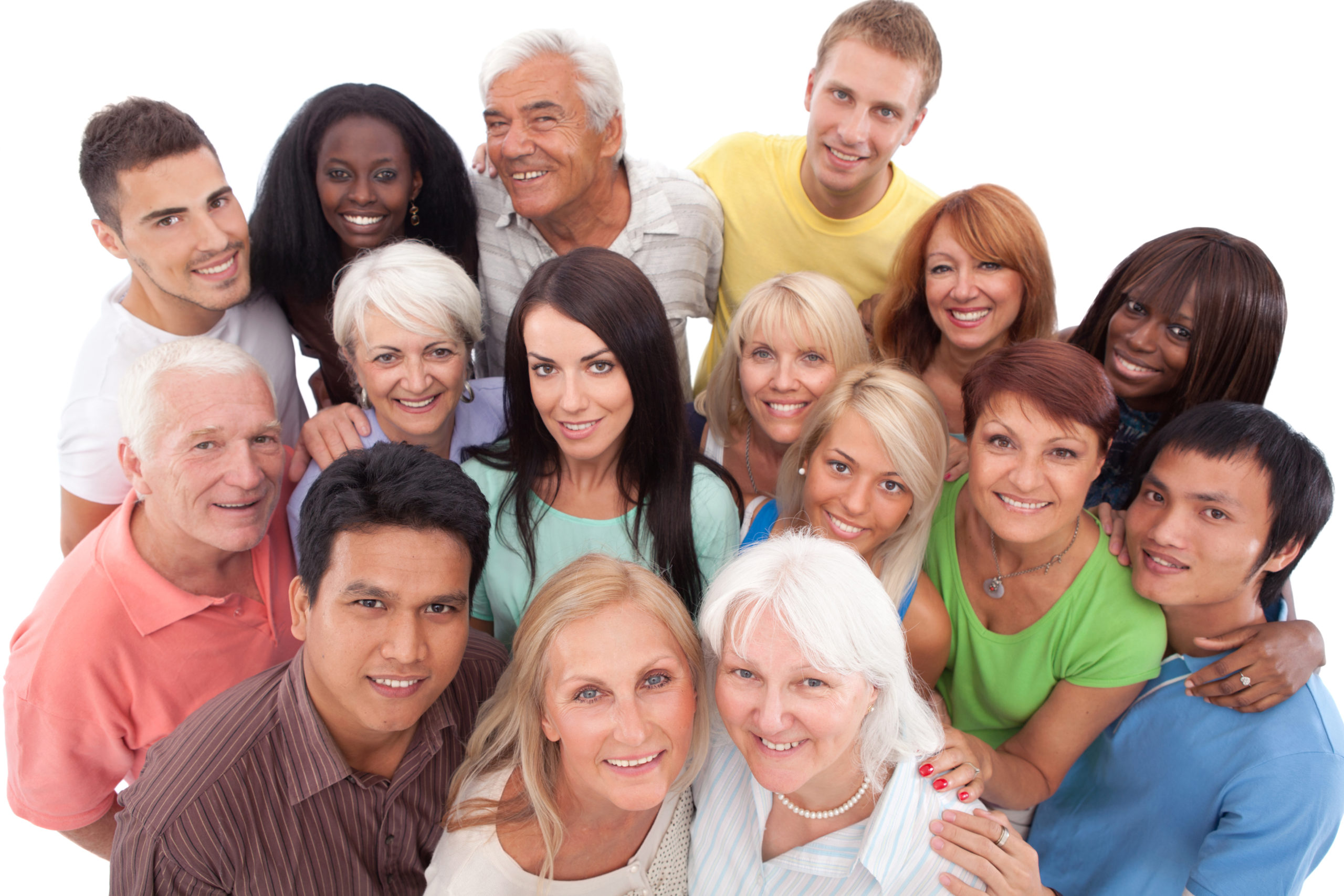 "Large group of people of all ages standing together, hugging, smiling and looking at camera.See more ISOLATED mages with these MODELS. Click on image below for lightbox."